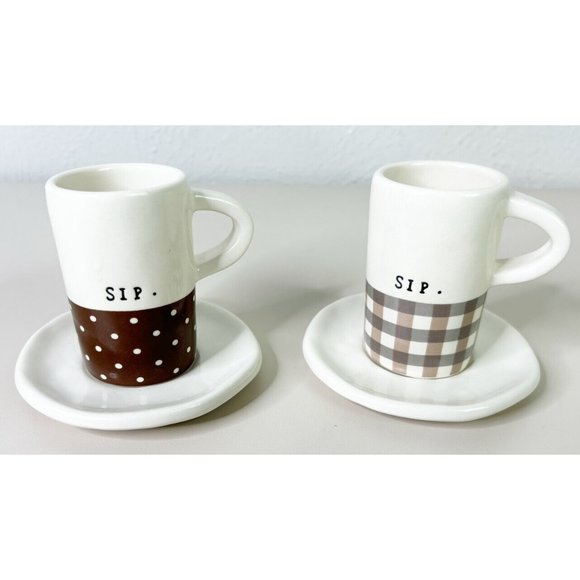 RAE DUNN MAGENTA "SIP" TALL DEMITASSE CUP & SAUCER Plate Set Rare Espresso EUC